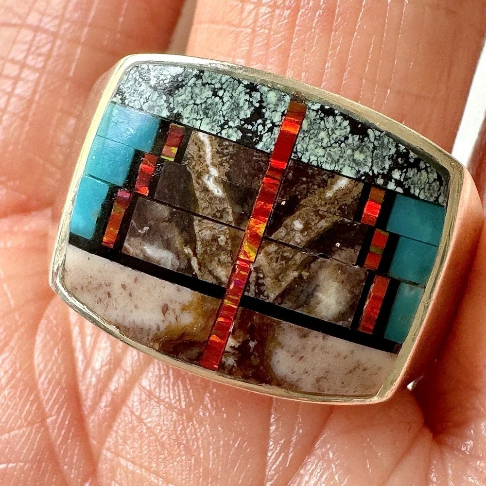 Navajo Mens Inlay Ring Turquoise Inlay Sz 12 Band 15mm Signed Tsosie Native Amer